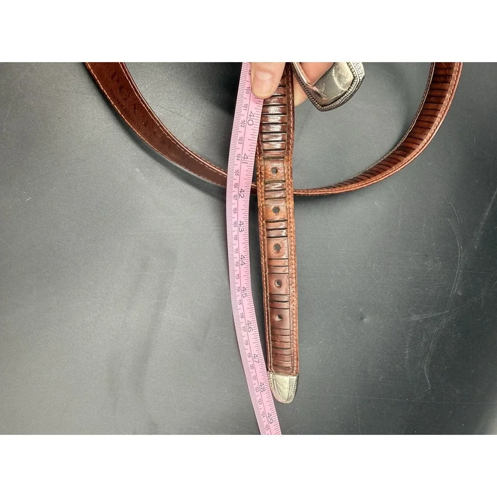Vintage Ornament Western Brown Leather Belt Sz 42 Engraved Buckle & Keeper